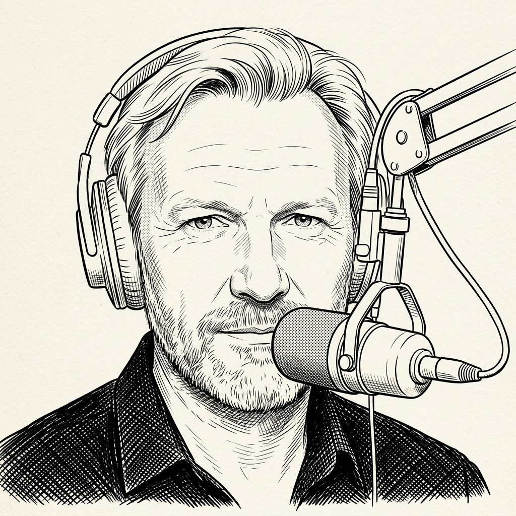 Portrait illustré à l'encre de Benoît Thuret, voix off et coach en prise de parole