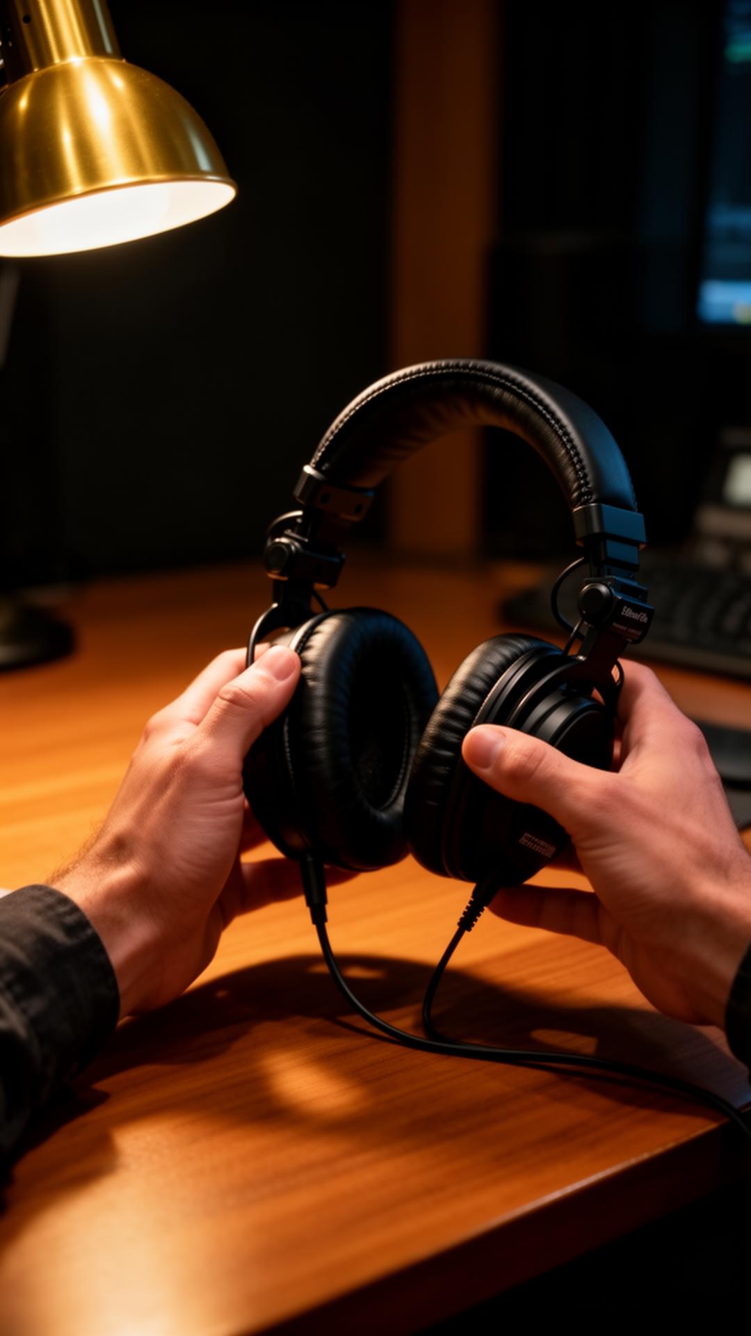 Casque de studio professionnel posé sous une lumière dorée — l'écoute, premier outil du métier.